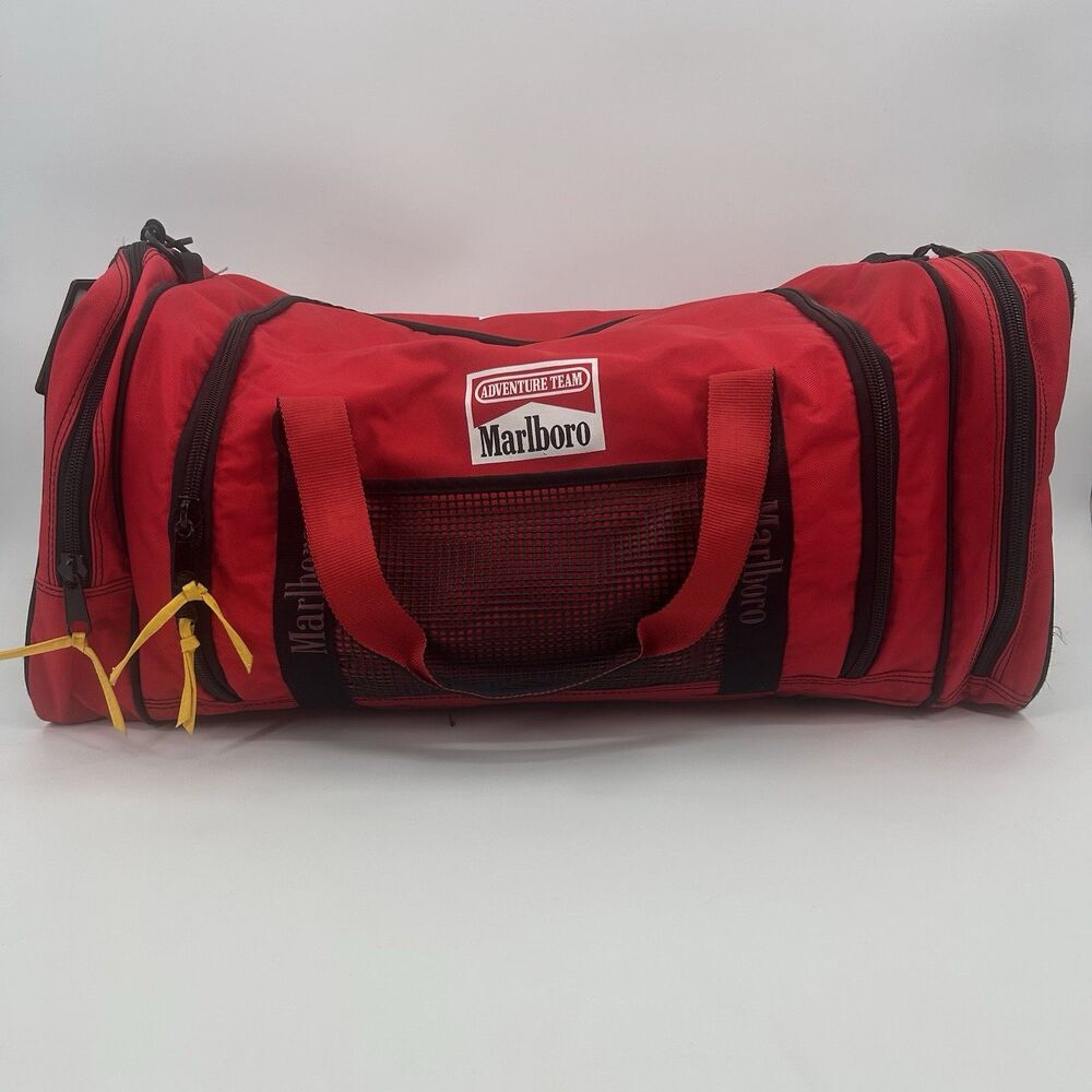 Marlboro Adventure Team Red Black Yellow Duffle Bag Pockets Adjustable Strap VTG